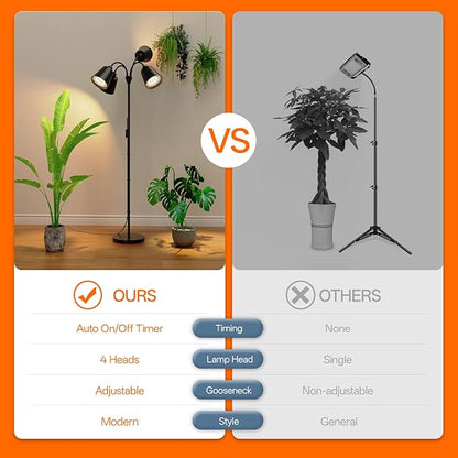 Bstrip Grow Lights for Indoor Plants, 4 Head Floor Grow Light Stand with Flexible Gooseneck, 3800K Full Spectrum Non-Dimmable Light for Plants Growing, 59" Tall Standing Grow Light with Smart Timer