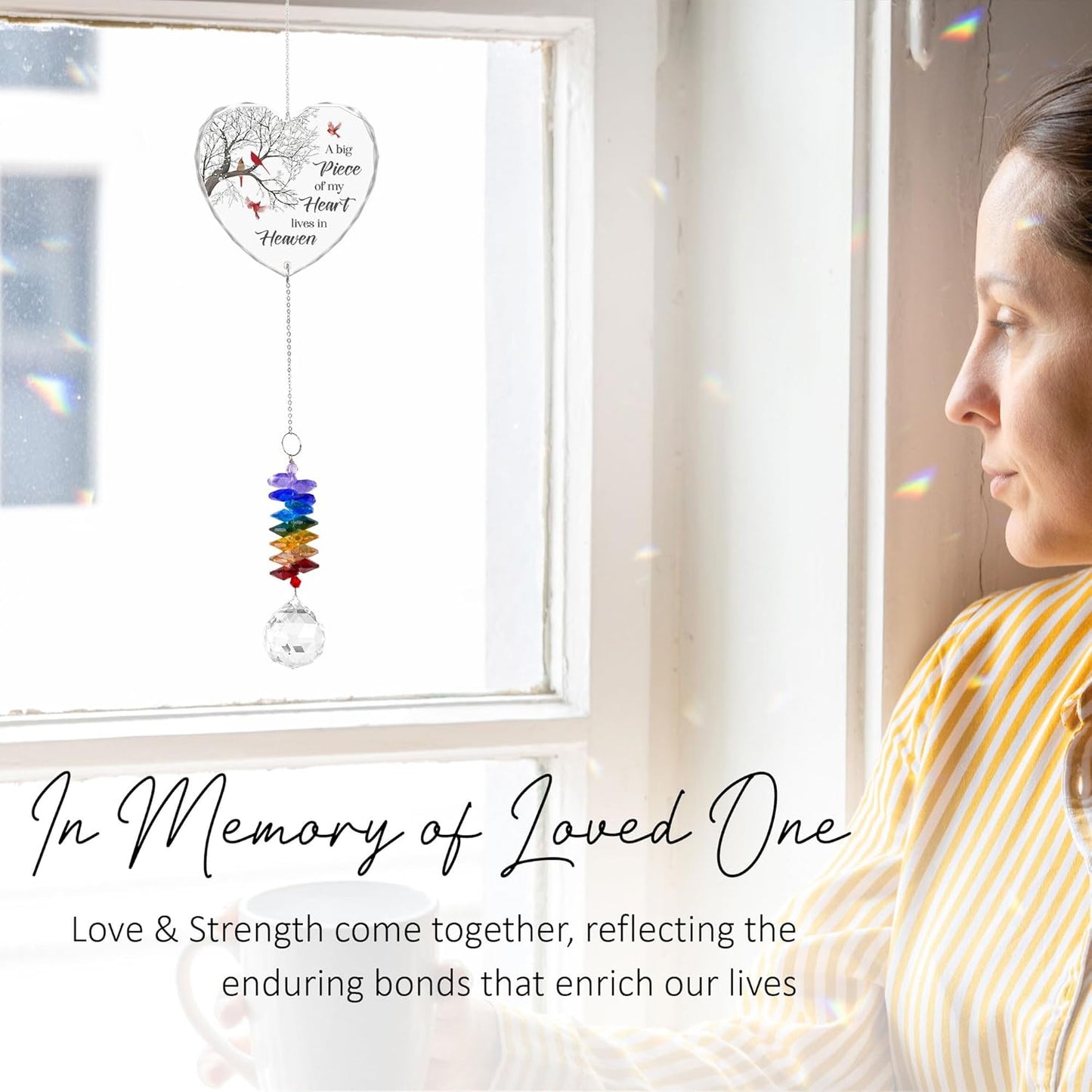 Glass Suncatcher Ornament - A Big Piece of My Heart Lives in Heaven - Sympathy Gifts for Loss of Loved Ones - Christmas Tree Remembrance Hanging Pendant - Crystal Rainbow Maker
