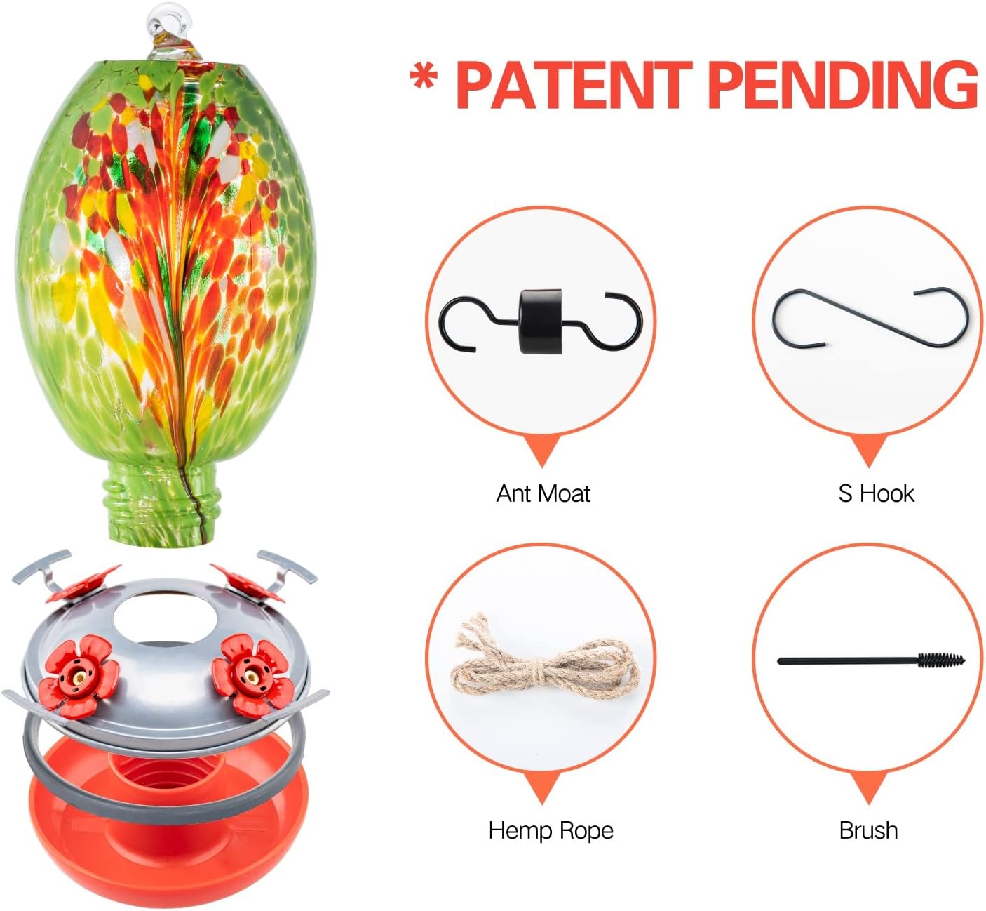 Muse Garden Glass Humming Bird Feeders for Outdoors - 27OZ Blown Glass Hummingbird Feeder - Unique Gift for Mom Women Grandparents, Outdoors Hanging Garden Decor, Ant Moat & Brush, Green Floral