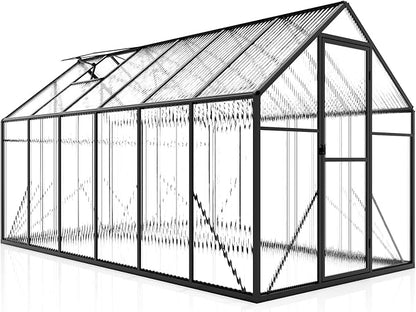 Jocisland 6x12x6.3 FT Polycarbonate Greenhouse for Outdoors with 2 Windows, Dual Swing Doors, Aluminum Walk-in Frame, Heavy Duty Garden Greenhouse for Backyard, Black
