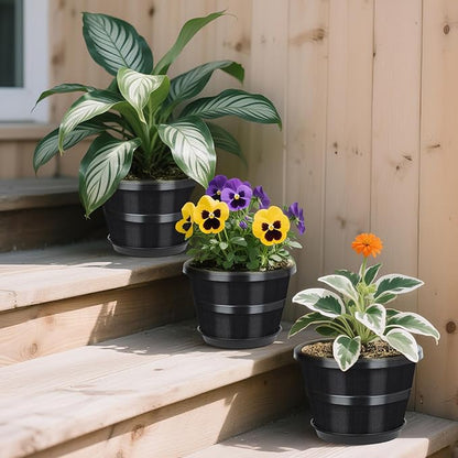 UNEED 10 inch Plant Pots, 4 Pack Plastic Flower Pots with Drainage Holes & Saucers, Retro Outdoor Indoor Garden Planters for Plants, Patio, Lawn Decor (Black)
