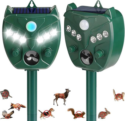 2 Pack 2025 Upgraded Solar Ultrasonic Animal Repellent Outdoor – Motion Activated Deer, Squirrel, Cat, Raccoon, Dog & Bird Deterrent with Multi-Frequency LED Strobe & Ultrasonic Sweep for Yard Lawn