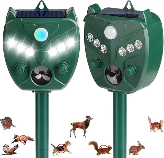2 Pack 2025 Upgraded Solar Ultrasonic Animal Repellent Outdoor – Motion Activated Deer, Squirrel, Cat, Raccoon, Dog & Bird Deterrent with Multi-Frequency LED Strobe & Ultrasonic Sweep for Yard Lawn