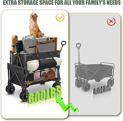 Double Decker Wagon Heavy Duty Collapsible, 600LBS 400L Capacity Foldable Utility Cart with Big Wheels for Beach, Outdoor, Camping & Gardening, Durable Steel Frame