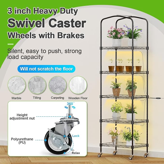 Abimars 5-Tier Mini Greenhouse with Grow Light, Shelf Height Adjustable Metal Plant Shelf with PVC Cover and Wheels, Includes 4-Pack Full Spectrum Plant Lights, 11x16x57inch