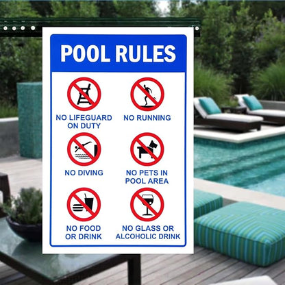 Tinplate Pool Rules Signs - 16x12in Funny Outdoor Metal Decor for Backyards, Swimming Pools & Safety Reminders