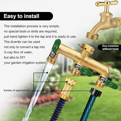 Garden Hose Splitter, 3/4” Rust and Freeze Resistant Outdoor Hose Manifold with 3 green Extra Long Handles Faucet Adapter-Heavy Duty Brass 3-Way Valve