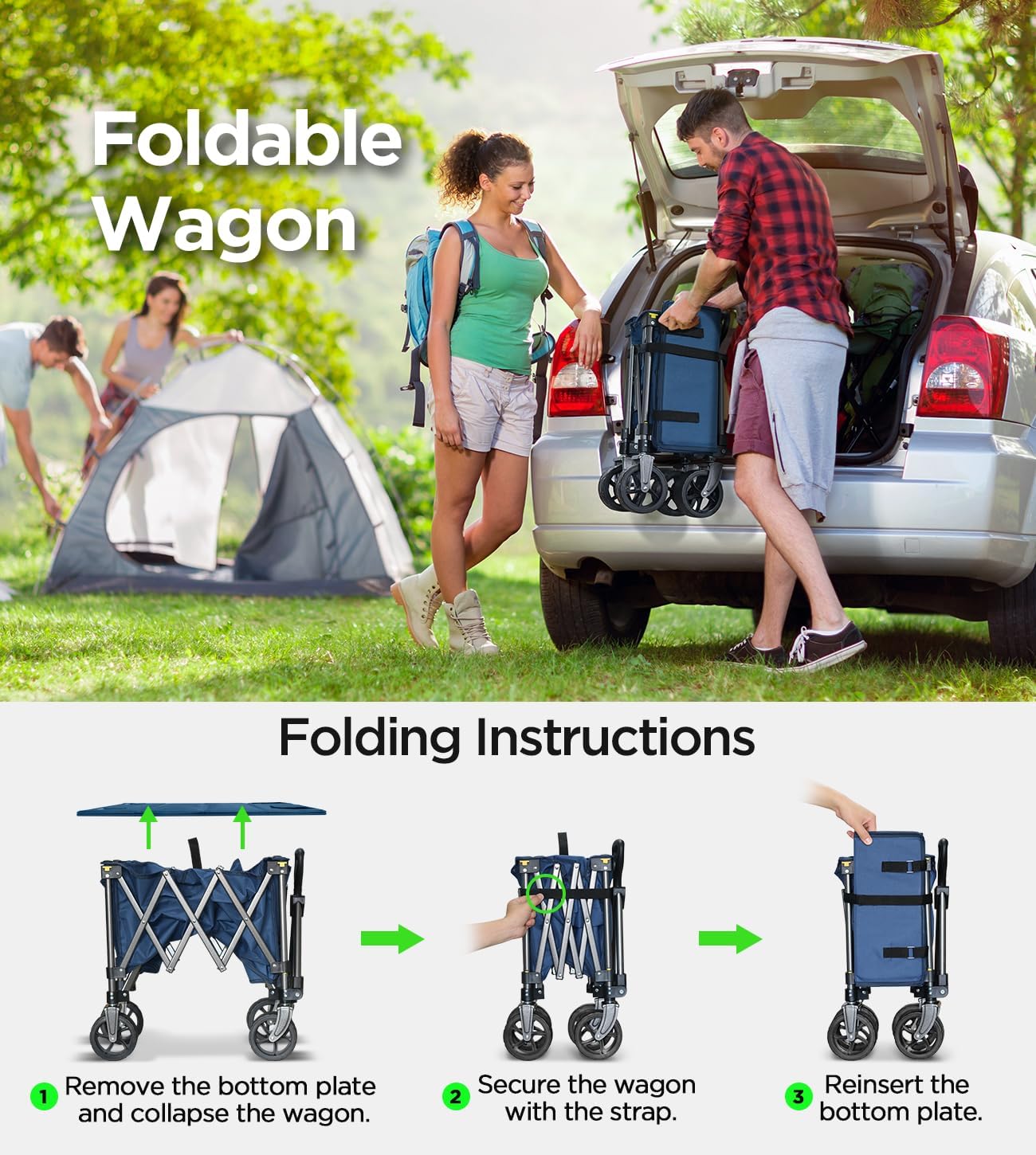 Beach Wagon,Collapsible-Wagon 220lbs with Big Wheels FoldableWagon Carts,Portable Utility for Garden Grocery Sports Camping All Terrain-Blue