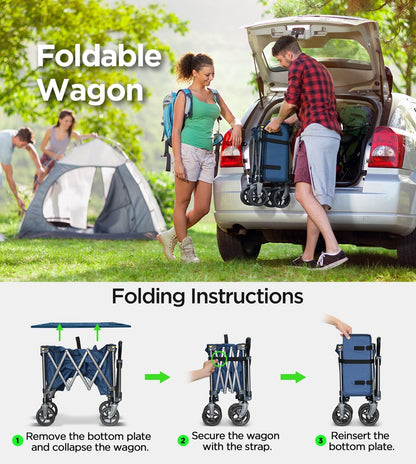 Beach Wagon,Collapsible-Wagon 220lbs with Big Wheels FoldableWagon Carts,Portable Utility for Garden Grocery Sports Camping All Terrain-Blue
