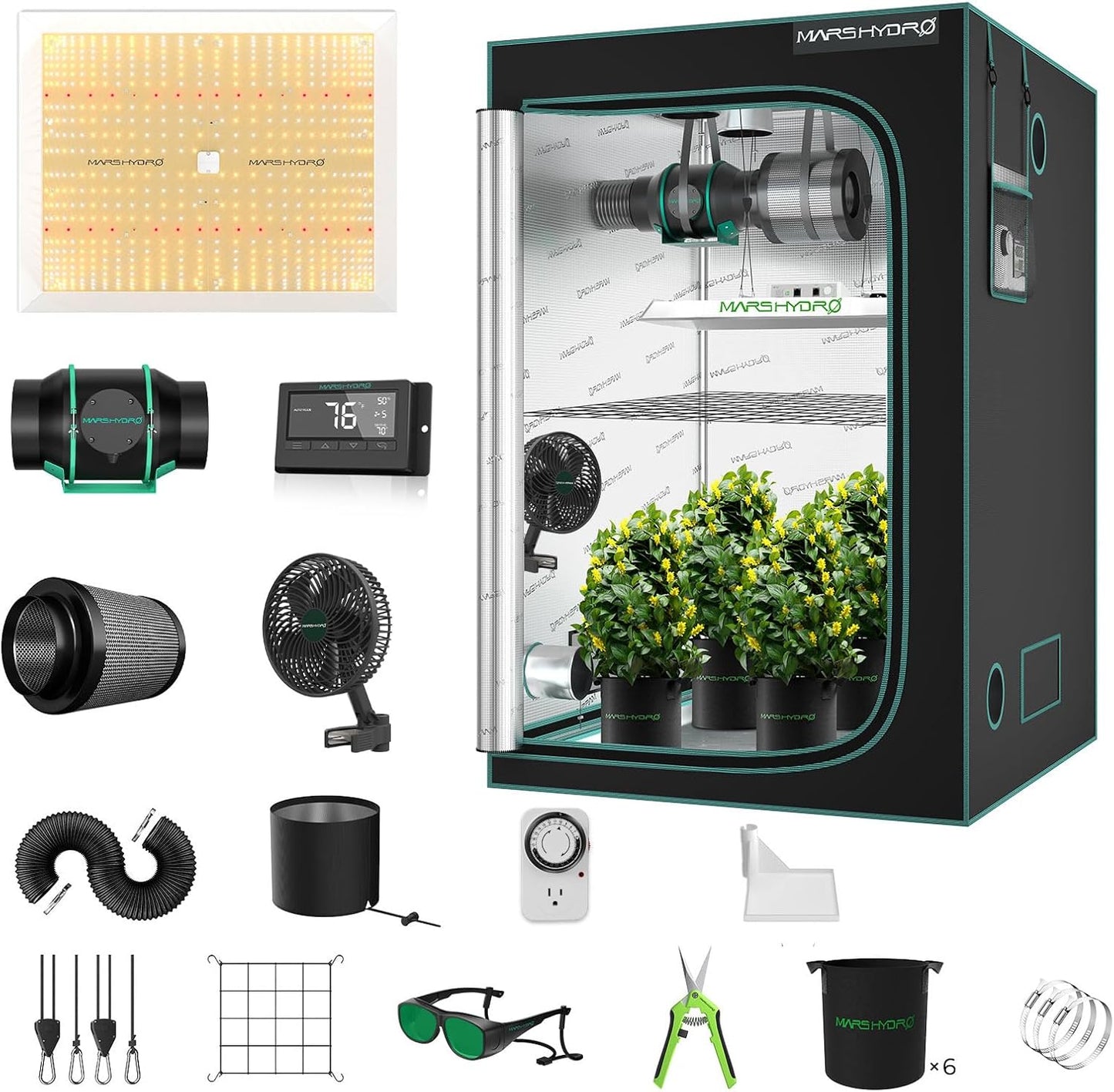 MARS HYDRO 4x4 Grow Tent Kit with Temperature Humidity Controller,300W TSW2000 LED Dimmable Grow Light,48"x48"x80" 1680D High Reflective Mylar,6 inch Customized Ventilation System,10 Speed Clip Fan