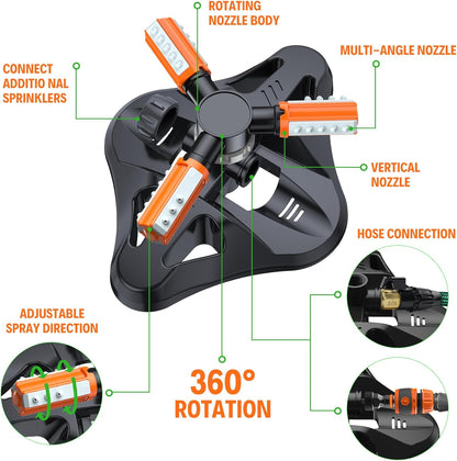 Lawn Sprinkler - Upgraded Automatic 360 Degree Rotating Irrigation System for Garden and Grass - 36 Angle Spray Nozzles - 2 Pack (Orange)