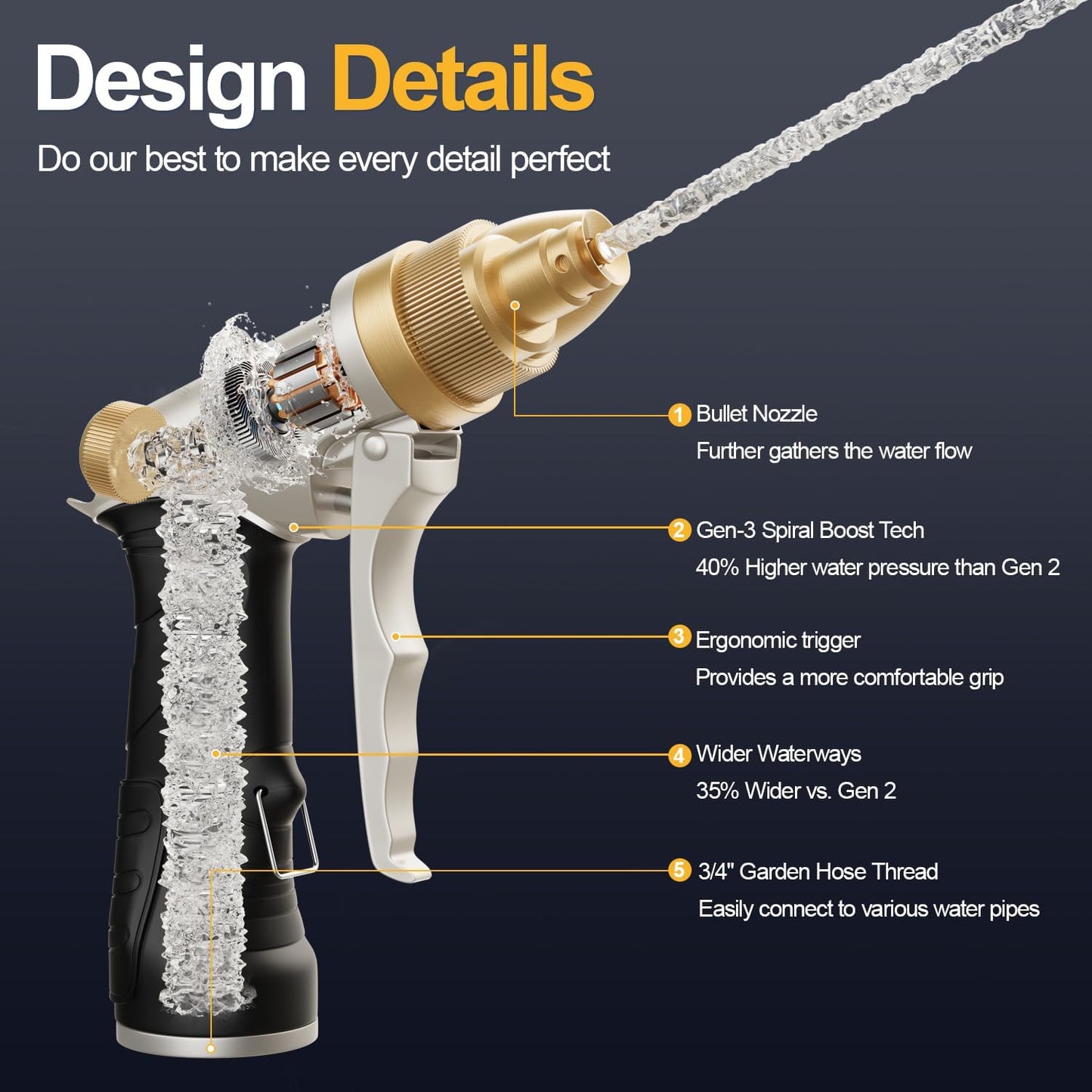 Garden Hose Nozzle, Heavy Duty Spray Nozzle for Watering, Water Nozzle with Adjustable Spray Patterns for Watering Plants, Car Washing, and Pet Showering (Gold)