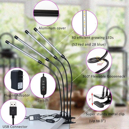 Plant Grow Lights for Indoor Plants Full Spectrum,80 LED Plant Lights for Indoor Growing with Timer, 4 Head Clip Indoor Plant Grow Lamp for House Plants with 3 Lighting Mode/10 Brightness