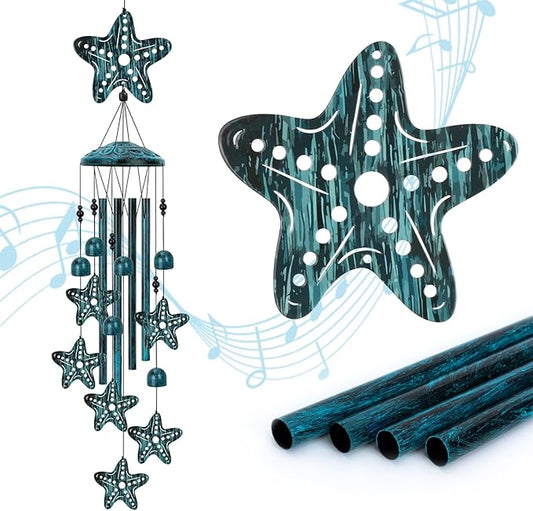 Starfish Wind Chimes for Outside, Large Starfish Gifts for Women, Blue Marine Animal Wind Chime, Metal Starfish Decor, 40" Outdoor Garden Decor for Lawn, Porch, Patio, Yard