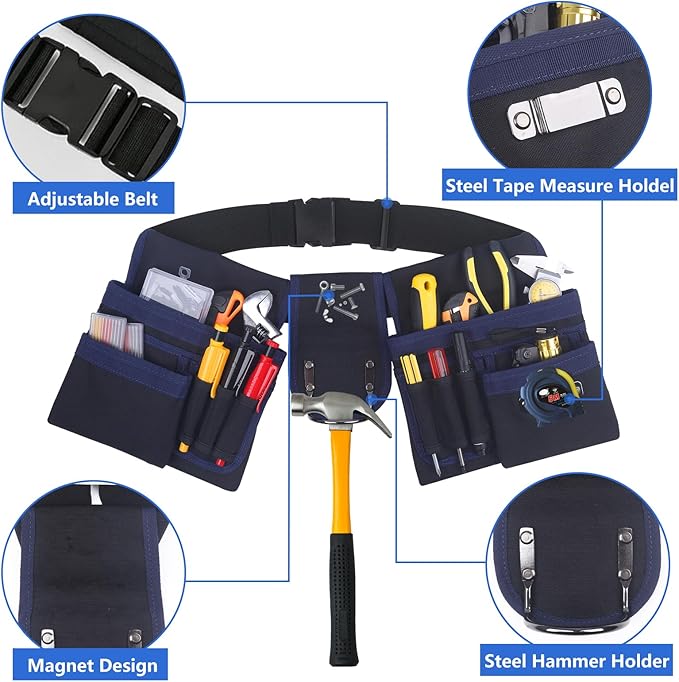Tool Belt With Suspenders, 24 Pockets Tool Bag with Magnetic Wristband, Detachable Tool Pouch Bag, Adjustable Waists for Men Electrician Carpenter Construction(Blue)