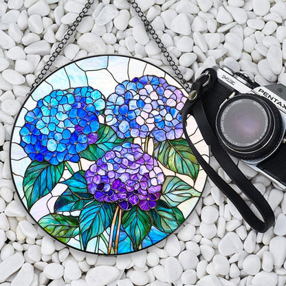Handmade Hydrangea Flower Stained Glass Suncatcher - Vibrant Window Décor for Home/Garden,Gift-Ready Sun Catcher Art with Hook (Blue, 11.8 * 11.8IN)