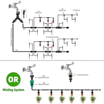 240FT DIY Automatic Drip Irrigation System Kits for Garden Plant Watering Misting System for Greenhouse Patio Lawn with Adjustable Drip Emitters 5/16" and 1/4" Irrigation Tubing Connectors Fittings