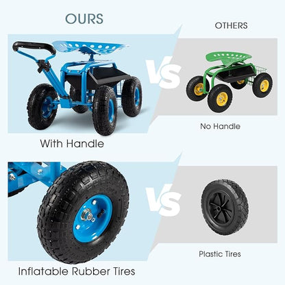 Rolling Garden Tool Cart with Seat Heavy Duty Scooter with Handle and Storage for Seniors Garden Cart on Wheel,Blue