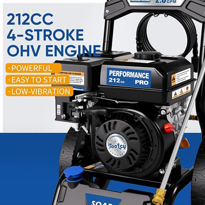 TOOLCY 3400 PSI Gas Pressure Washer, High-Performance 212cc OHV Engine, Reinforced Pump. Onboard Soap Tank, 30FT Hose, Spray Gun & 5 Nozzles, Max 2.8 GPM, Great for Cars/Driveways/Homes/Patios/Boats