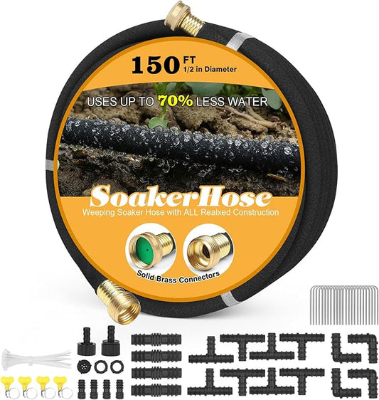 Soaker Hose 150ft for Garden Beds Solid Brass Interface Irrigation Save 70% Water Heavy Duty Rubber 1/2" Diameter Great for gardens/flower beds Accessories Contain Various Connections