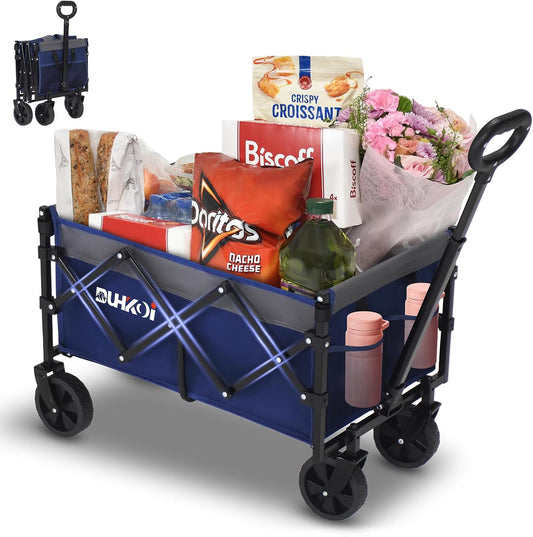 Collapsible Wagon Cart with Wheels Foldable,11 Lbs Lightweight Portable Folding Utility Wagon,90 L Heavy Duty Grocery Shopping Carts,Versatile for Garden Sports Camping Outdoor Use (Navy Gray)