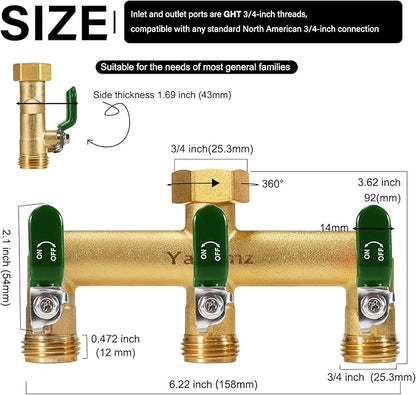 Garden Hose Splitter, 3/4” Rust and Freeze Resistant Outdoor Hose Manifold with 3 green Extra Long Handles Faucet Adapter-Heavy Duty Brass 3-Way Valve