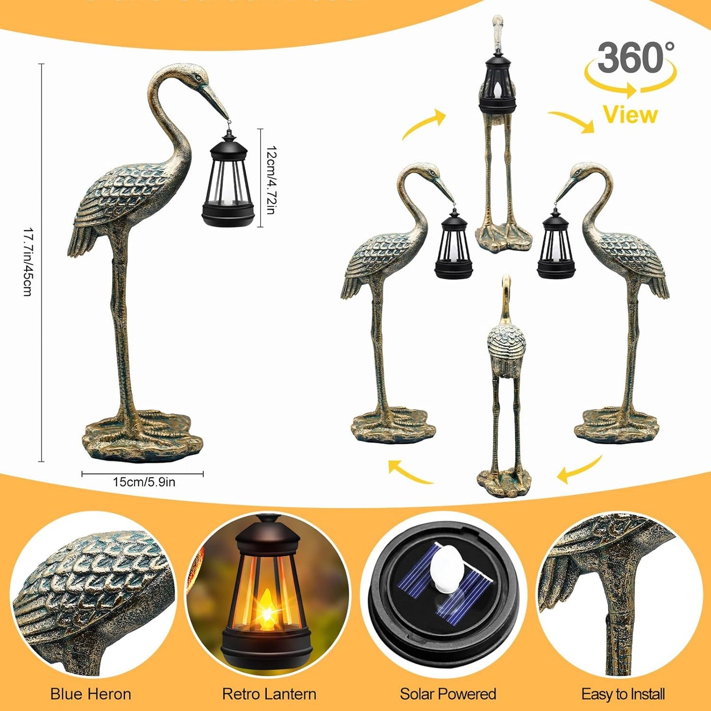 Solar Garden Statue Crane Figurine, Outdoor Hanging Solar Lanterns, 17.7 Inch Blue Heron Sculpture Statue for Patio Yard Porch, Garden Decor for Outside Gifts for Christmas Mom, Women, Mother's Day