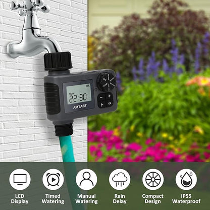 Sprinkler Timer Programmable Garden Hose Faucet Timer with Rain Delay/Manual/Automatic Drip Irrigation Function Watering System for Yard Crops Lawns Pool (1 Outlet, Black)