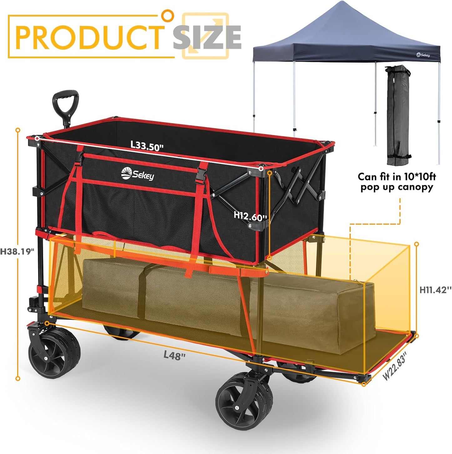 400L Large Capacity Folding Double Decker Wagon with Brakes, 48" Extra Long Extender Cart, 500lbs Heavy Duty Collapsible Wagons, All-Terrain Big Wheels for Camping, Sports, Shopping. Red&Black