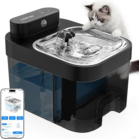Cat Water Fountain, No Filter Cotton, App Monitoring Wastewater Separation Pet Water Fountain, 5000mAh Battery & Plug-in, 3L/101oz Wireless Automatic Water Dispenser for Cats Indoor, Black