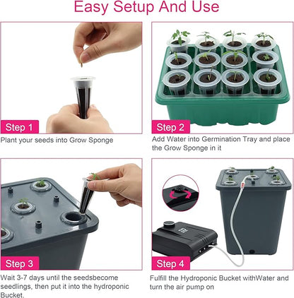 4 Hydroponic Buckets Kit for Plants, Hydroponics Growing System for Herbs/Tomato/Vegetables, DWC System with Air Pump & Germination Tray (Complete Indoor Hydroponic Gardening Supplies)