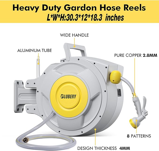 Heavy Duty hose Reel, 5/8"×100 FT Retractable Garden Hose Reel Wall Mount with 8 Pattern Hose Nozzle/Auto Rewind/Any Length Lock/180°Swivel Bracket