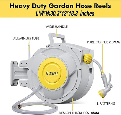 Heavy Duty hose Reel, 5/8"×100 FT Retractable Garden Hose Reel Wall Mount with 8 Pattern Hose Nozzle/Auto Rewind/Any Length Lock/180°Swivel Bracket