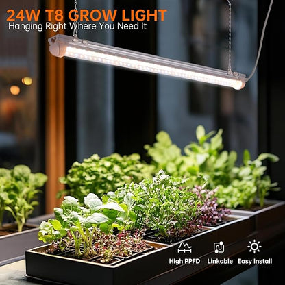 Bstrip Grow Light, 2FT 48W (2 X 24W) Plant Light with Timer, Full Spectrum with 660nm Red LEDs, Linkable Design, 3686K T8 Grow Lights for Indoor Plants, Greenhouse, Seeding, 2-Pack