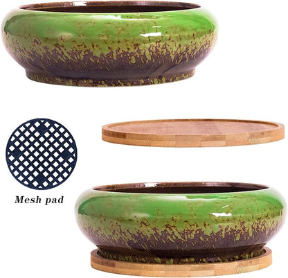 ARTKETTY Succulent Pots with Drainage, 2 Pack Large Succulent Planters Ceramic Bonsai Pot with Trays, 7.3 Inch Round Shallow Planters for Indoor Cactus Flower Plants