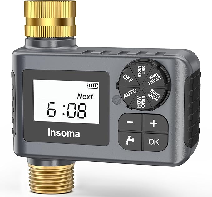 Water Timer with Brass Inlet & Outlet for Outdoor Garden Hose, Hose Timer with Rain Delay/Manual Mode, Automatic Drip Irrigation Controller System for Lawn Yard Garden Watering