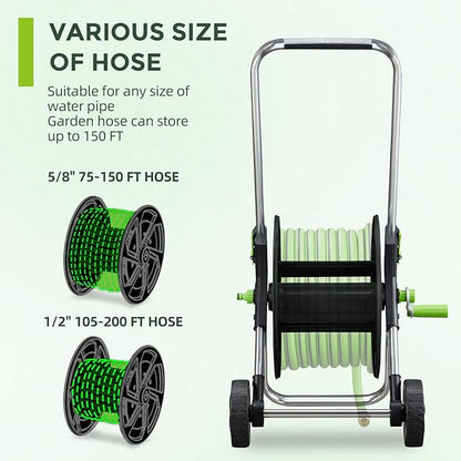 Garden Hose Reel Cart, Holds 75-150 Feet of 5/8-Inch Hose, Portable Hose Reel Cart With Wheels,Adjustable Handrail, Quick Hose Connector