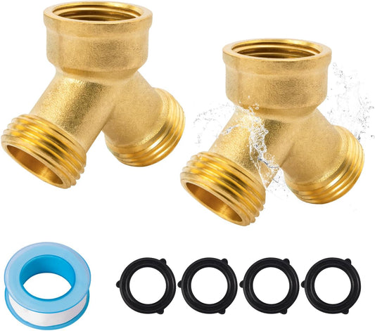 SUNGATOR 3/4 Inch GHT Y Valve, 2 Way Brass Garden Hose Splitter Heavy Duty, 3/4'' GHT Garden Hose Bib Splitters, Brass Y Valves with Extra 4 Rubber Washers, 1 Sealing Tape (2-Pack)