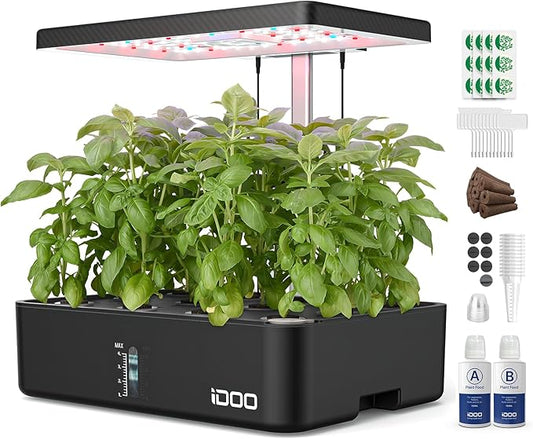 iDOO Hydroponics Growing System Kit 12Pods, Indoor Herb Garden System, with LED Grow Light, Built-in Fan, Auto-Timer, Adjustable Height Up to 11.3", for Home School, for Women Mom