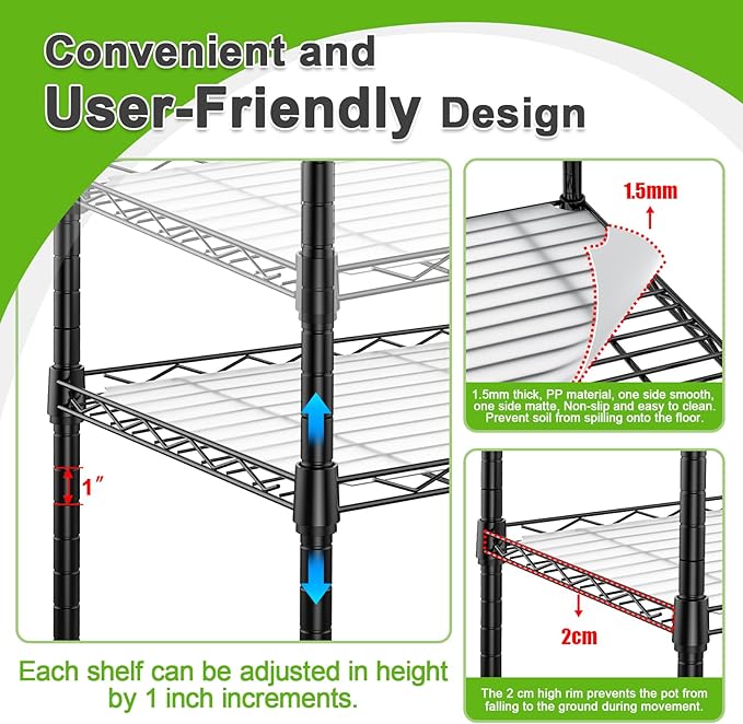 Abimars 5-Tier Mini Greenhouse with Grow Light, Shelf Height Adjustable Metal Plant Shelf with PVC Cover and Wheels, Includes 4-Pack Full Spectrum Plant Lights, 11x16x57inch