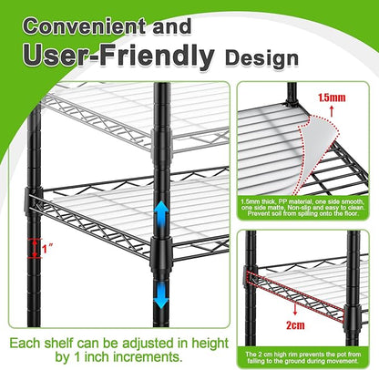 Abimars 5-Tier Mini Greenhouse with Grow Light, Shelf Height Adjustable Metal Plant Shelf with PVC Cover and Wheels, Includes 4-Pack Full Spectrum Plant Lights, 11x16x57inch