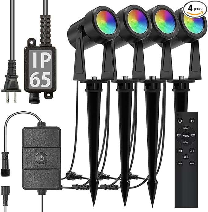 SUNTHIN Outdoor Landscape Lighting with Remote, RGBW Color Changing Spot Uplights,4 Pack