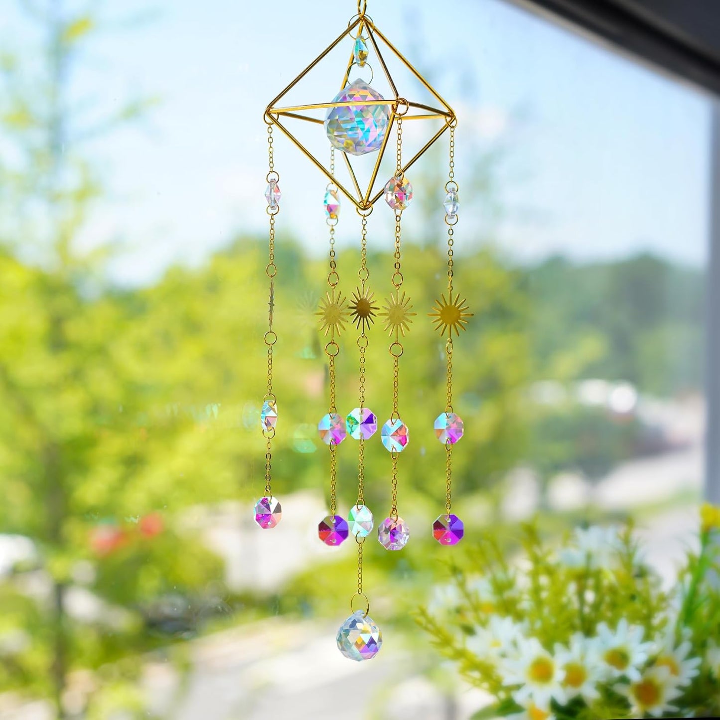 HDCRYSTALGIFTS Crystal Prisms Suncatcher for Window Hanging Gold-Plated Crystal Sun Catcher Indoor Window Rainbow Maker Home Garden Decoration