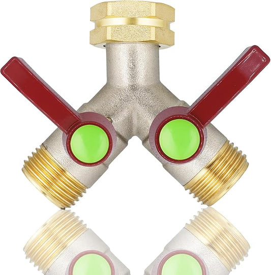 EJW Y-Valve Garden Hose Faucet Splitter, 3/4” GHT Threads,Outdoor Faucet Splitter, Brass High Flow, Garden Hose Y-Splitter 2-Way,Y-Valve Full Flow Hose Splitter,Garden Hose Splitter 2-Way Heavy Duty.