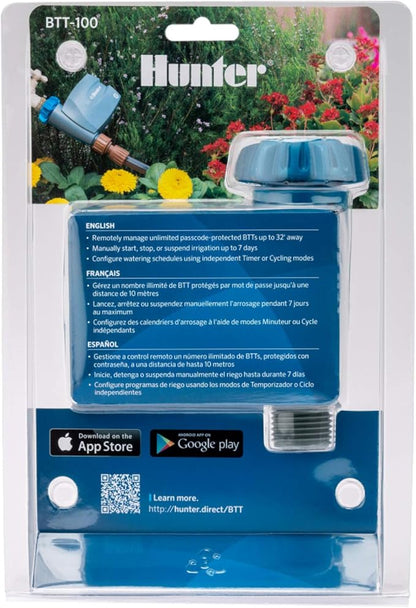 Hunter BTT Bluetooth Hose Timer, Smart Water Timer for Outdoor Faucet, App Controlled Irrigation for Lawn and Garden, Single-Zone Tap Time, Programmable, Battery Operated