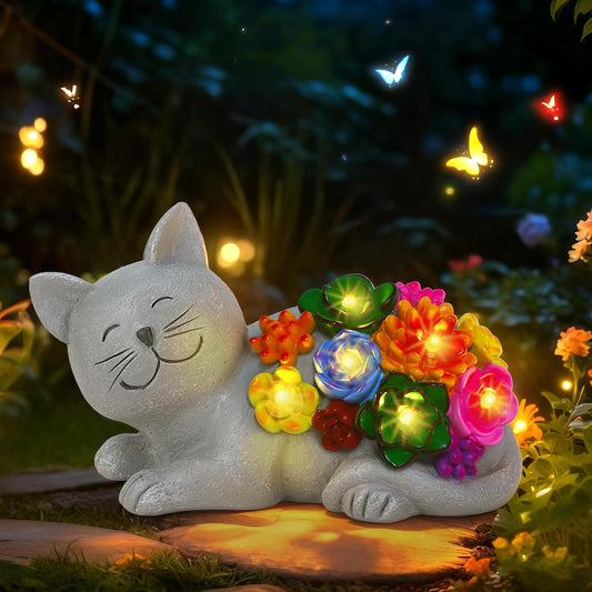 Solar Garden Decor Cat Statue Lights, Birthday Gifts for Women Mom and Cat Lover, Outdoor Decor with Succulentss and 6 LED Lights for Yard Art Lawn Patio Porch