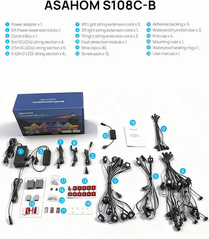 ASAHOM Permanent Outdoor Light Pro S108C, 150FT with 108 RGBCW 70lm LED, WLED Integration, AI Lighting, 30000 Lighting Effect Combination, IP67 Waterproof for Halloween Christmas Daily Decor, Black