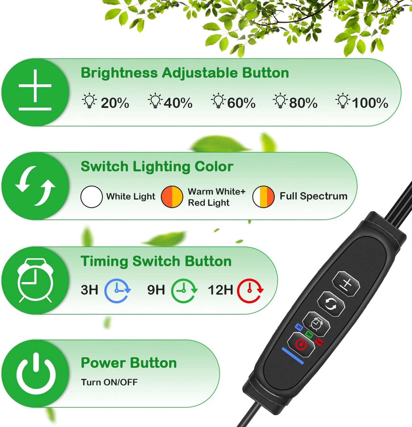 Full Spectrum LED Grow Light for Indoor Plants, 3 Heads Grow Lights for Seed Starting, 10 Dimmable Levels & 3 Timer Modes (3/9/12H), Adjustable 360° Gooseneck with Clip, 6000K Plant Grow Light