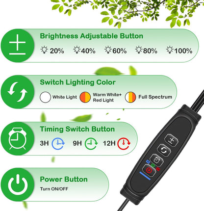 Full Spectrum LED Grow Light for Indoor Plants, 3 Heads Grow Lights for Seed Starting, 10 Dimmable Levels & 3 Timer Modes (3/9/12H), Adjustable 360° Gooseneck with Clip, 6000K Plant Grow Light