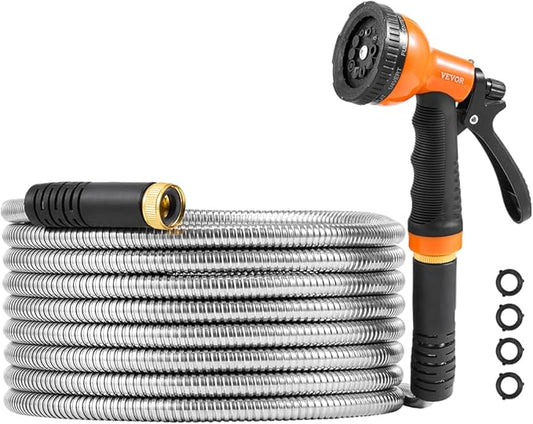 VEVOR Metal Garden Hose 25 ft, Rust Proof Stainless Steel Water Hose, Heavy Duty Backyard Hose with 10 Function Nozzle, No-Kink & Flexible Water Pipe, Lightweight Metal Hose for Yard, Outdoor